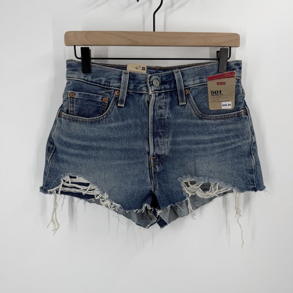 Levi's 501 Denim Shorts Womens 27 Blue High Rise Distressed Cut Off NWT
